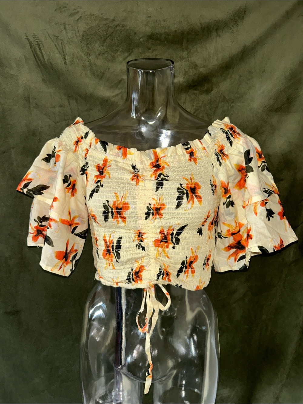 Women's Cream Floral Off-Shoulder Smocked Crop Top with Orange Floral Print